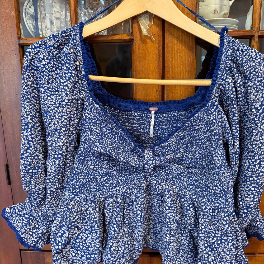 Free People Brittnee Printed Crop Top - Long Sleeve - Blue Floral Women's Top